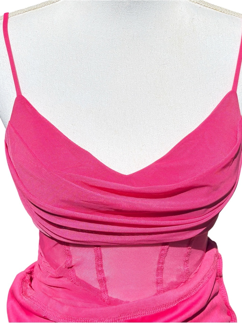 Princess Polly Calliope Hot Pink Ruched Mesh Mini Dress Bodycon Strappy Size 4 - Picture 9 of 16